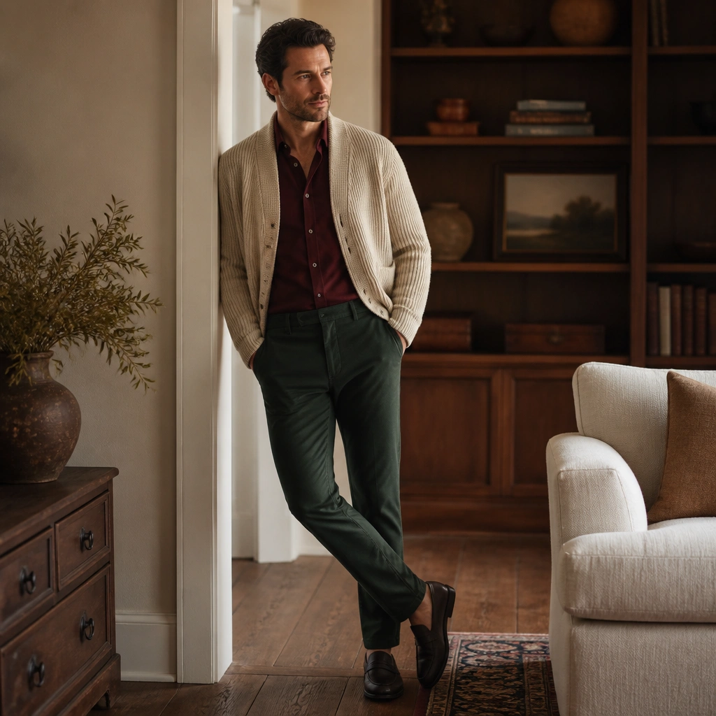 A man dressed in a cream cardigan over a burgundy button-up shirt, dark green chinos, and dark loafers, with warm indoor lighting.