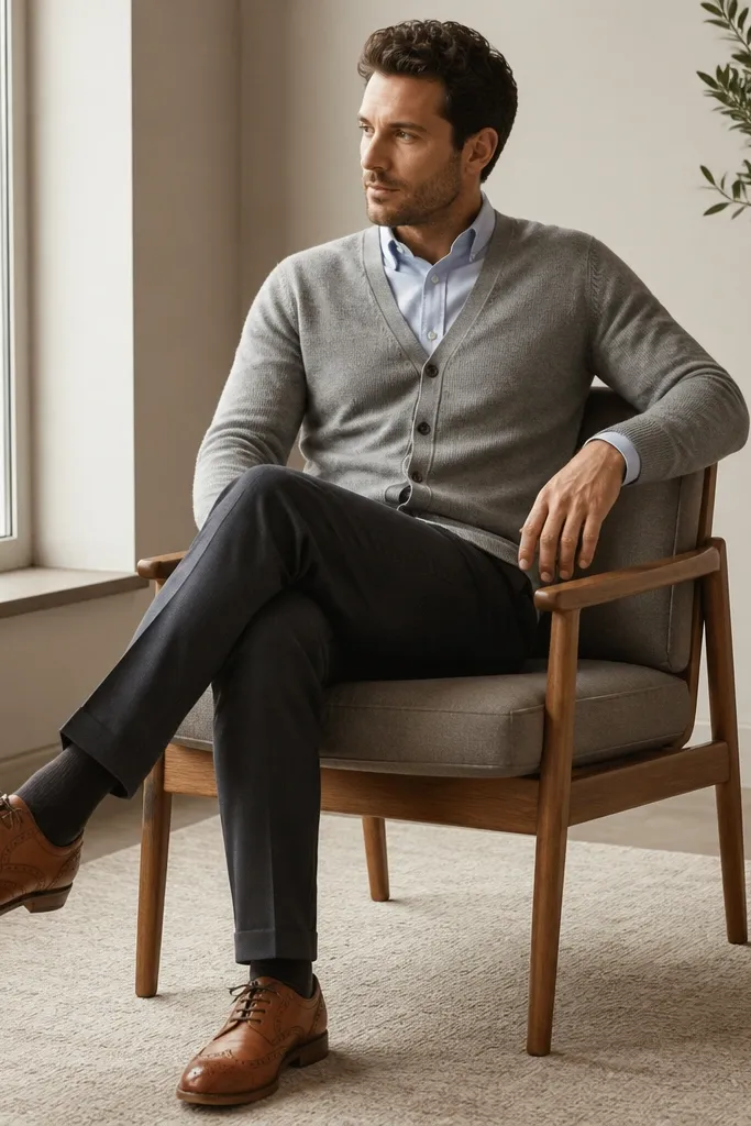 A heather gray cardigan laid over a light blue dress shirt, paired with tan-brown brogue shoes and charcoal trousers; visible texture shows a subtle knit pattern.