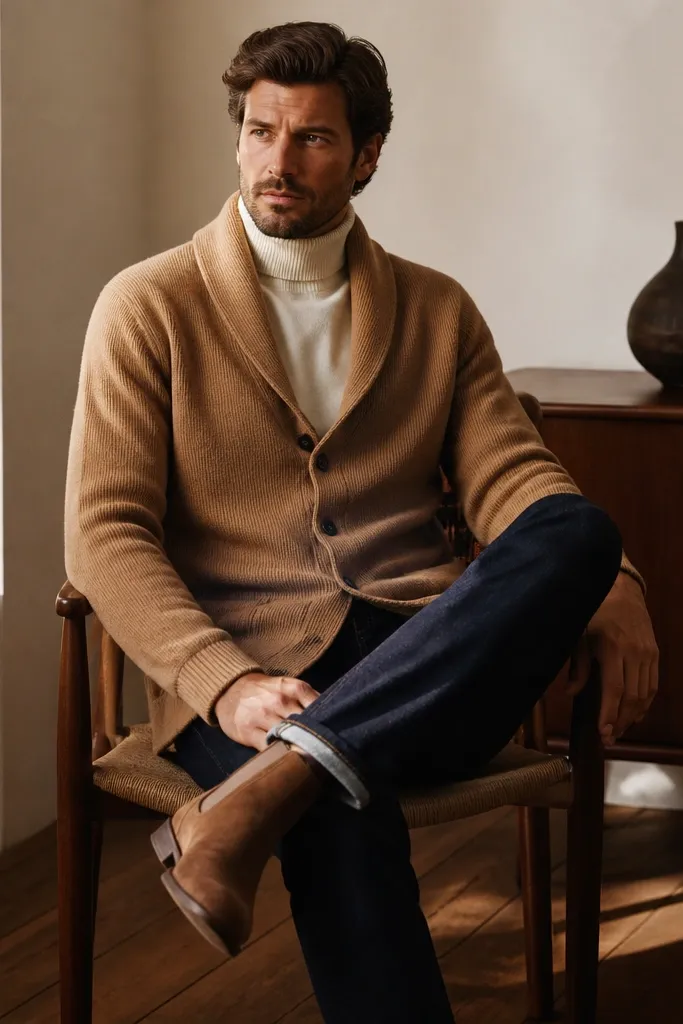 A camel shawl-collar cardigan worn over a cream turtleneck, styled with dark indigo denim and suede boots; warm lighting highlights the cardigan’s drape.