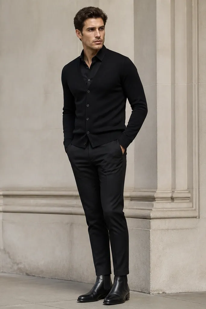 A fitted black V-neck cardigan over a black dress shirt, paired with slim black trousers and black Chelsea boots; the neckline shows a neat V shape.