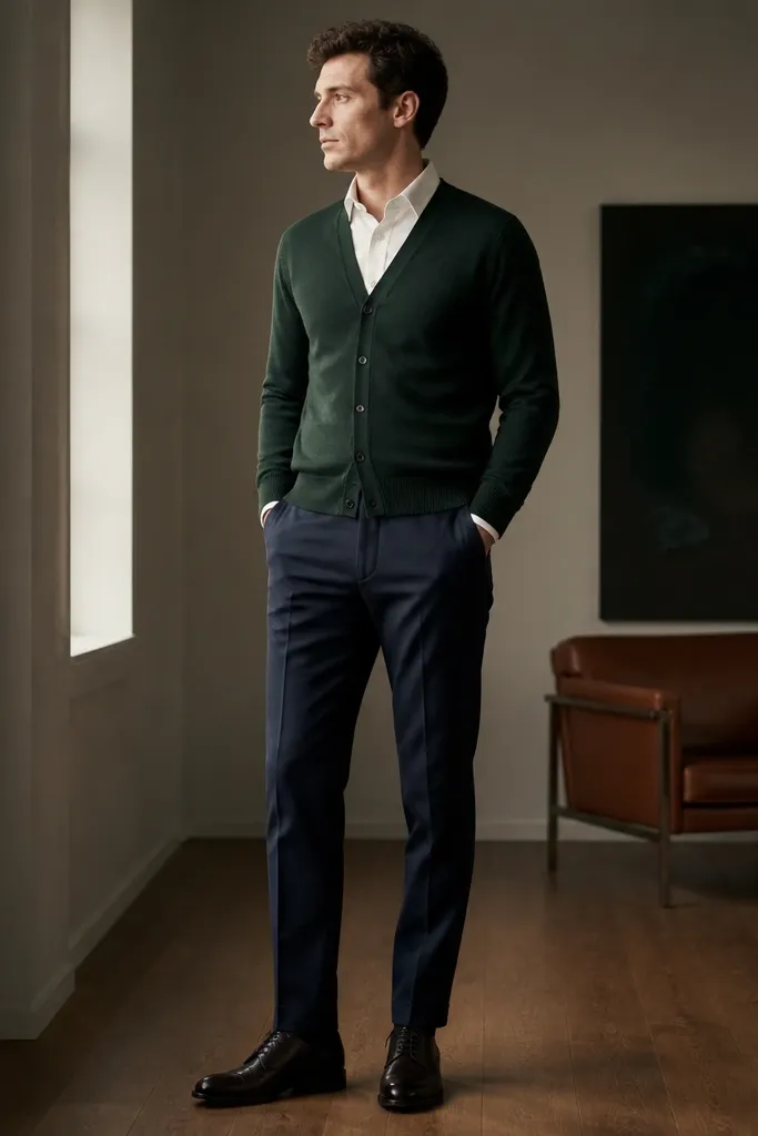 A forest green cardigan layered over a white button-down shirt, with navy suit trousers and dark leather dress shoes; the cardigan hem sits near the waistband.