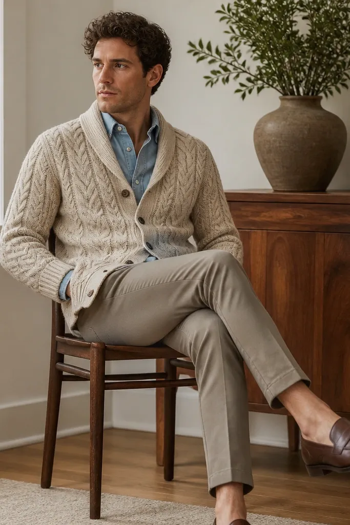 An oatmeal cable-knit cardigan over a light chambray shirt, styled with slim trousers and brown loafers; the cable pattern is prominent and crisp.
