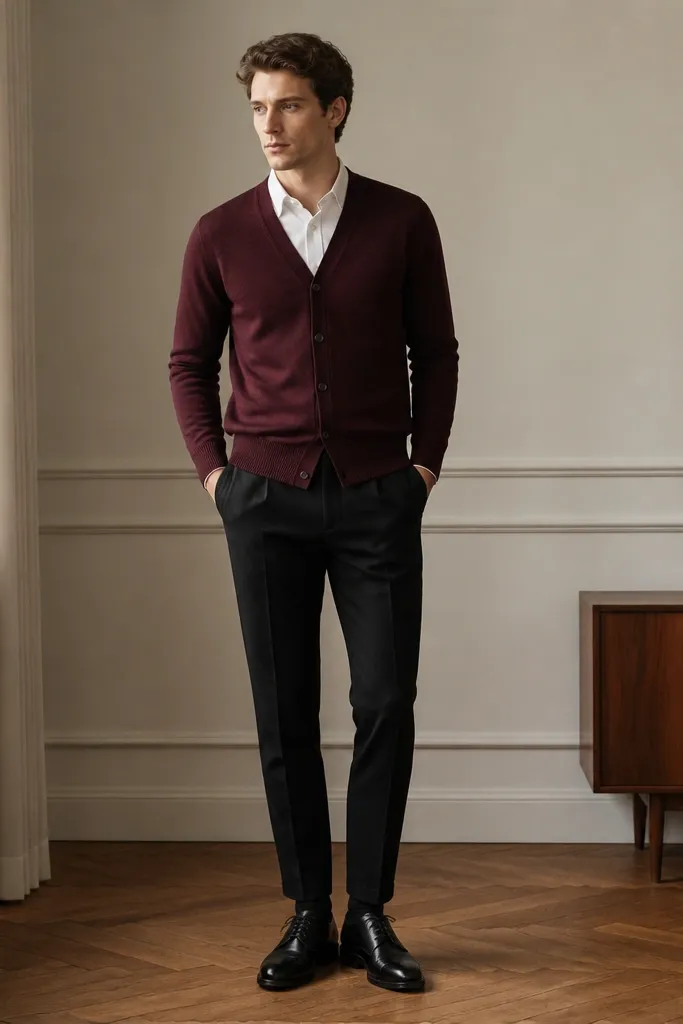 A burgundy merino cardigan buttoned over an ivory dress shirt, paired with black tapered pants and black leather shoes; the cardigan buttons align neatly.