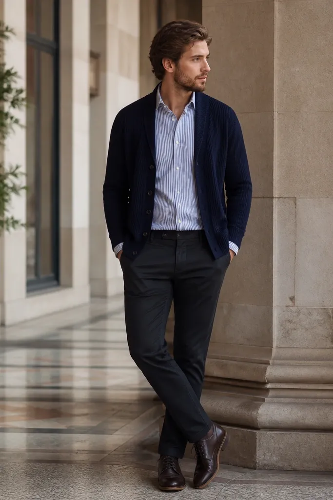 A navy cardigan worn open over a blue-and-white striped dress shirt, with dark chinos and leather lace-up shoes; stripes are visible at the chest.