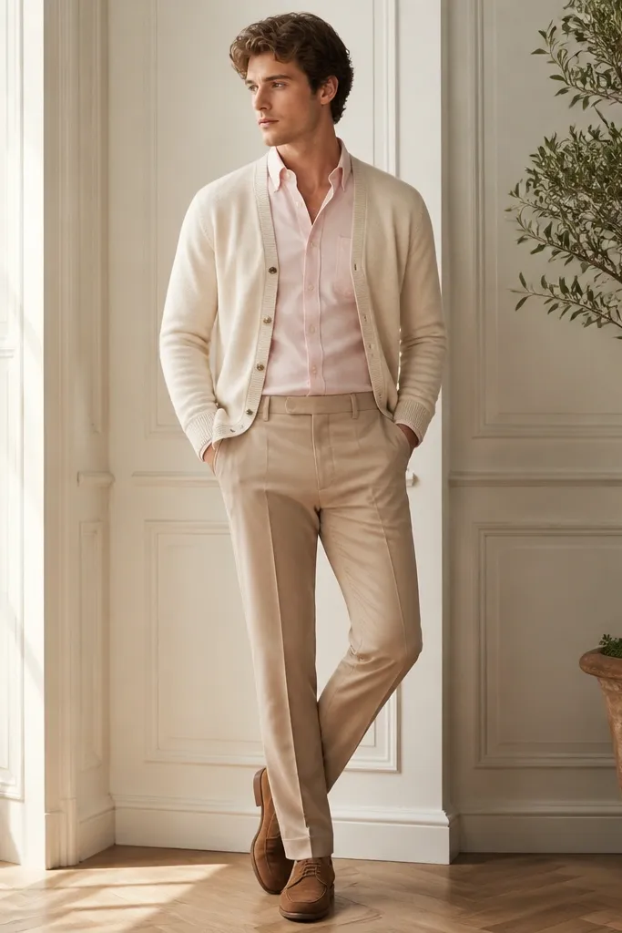 A cream cardigan layered over a pale pink dress shirt, paired with tan trousers and light-brown shoes; the outfit looks bright and airy.