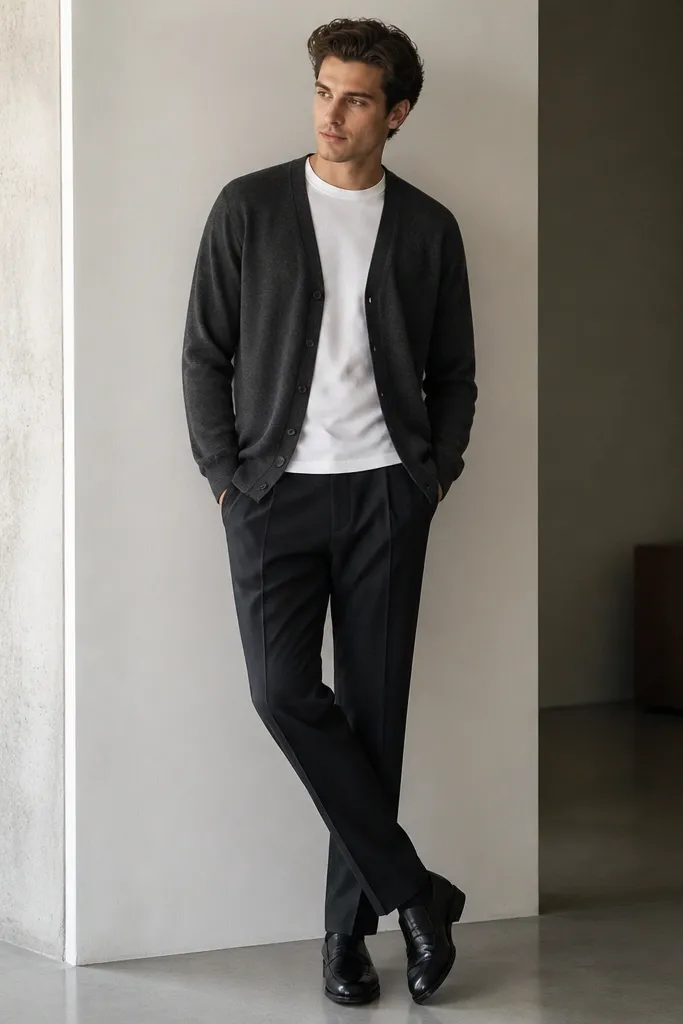 A charcoal cardigan worn over a plain white crew-neck tee, paired with suit trousers and dark dress shoes; the cardigan looks smooth and midweight.