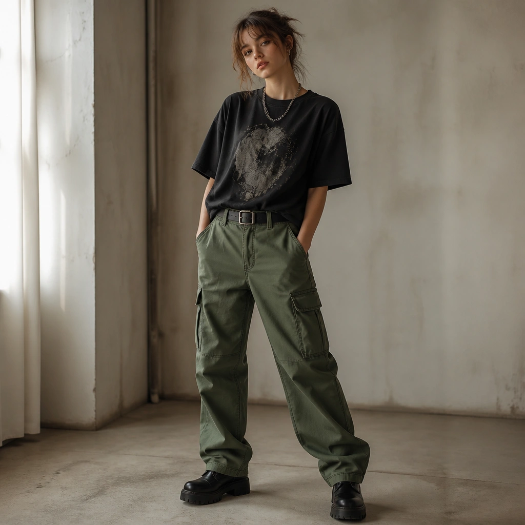Green cargo jeans styled with an oversized black graphic tee worn untucked, black leather-look chunky boots, and a black belt visible at the waist. A silver chain necklace sits above the neckline.