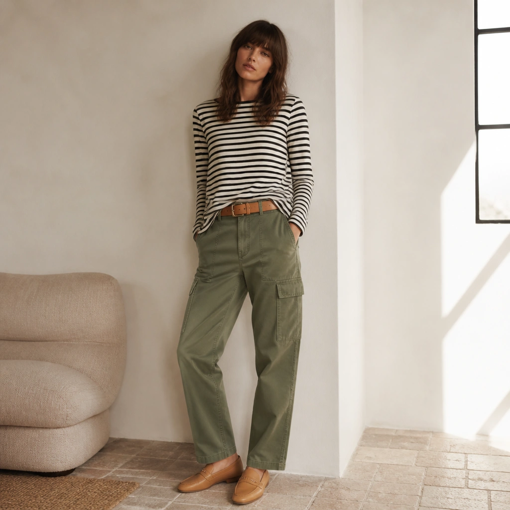 Green cargo jeans paired with a black-and-white striped Breton top, a camel leather belt, and tan loafers. The top is tucked at the front and the jeans are worn straight with minimal cuffing.