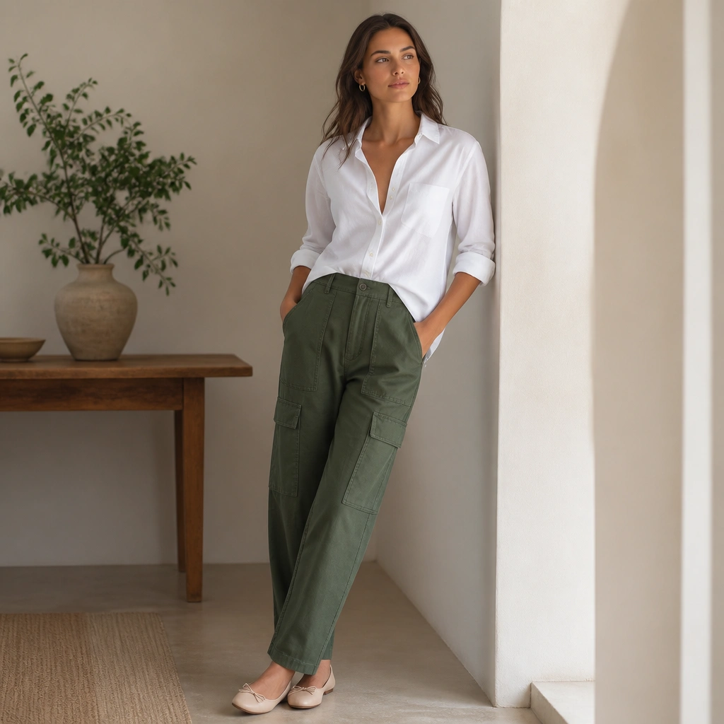 Green cargo jeans with a crisp white button-down shirt. Sleeves are rolled to mid-forearm, the shirt is half-tucked, and the model wears nude ballet flats and small gold hoop earrings.