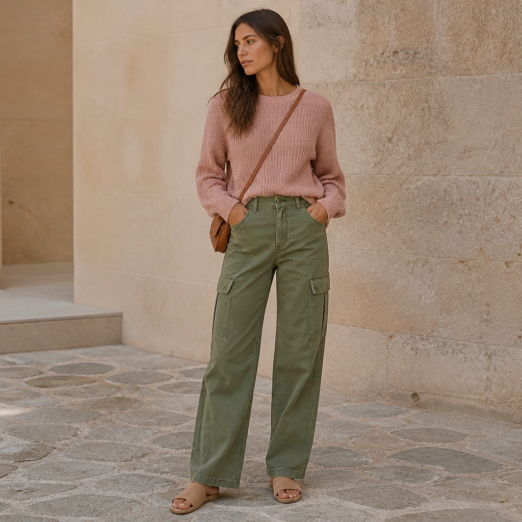 Green cargo jeans styled with a dusty pink knit sweater, suede tan slides, and a small crossbody in warm brown. The sweater is slightly cropped or tucked, showing the cargo waistband.
