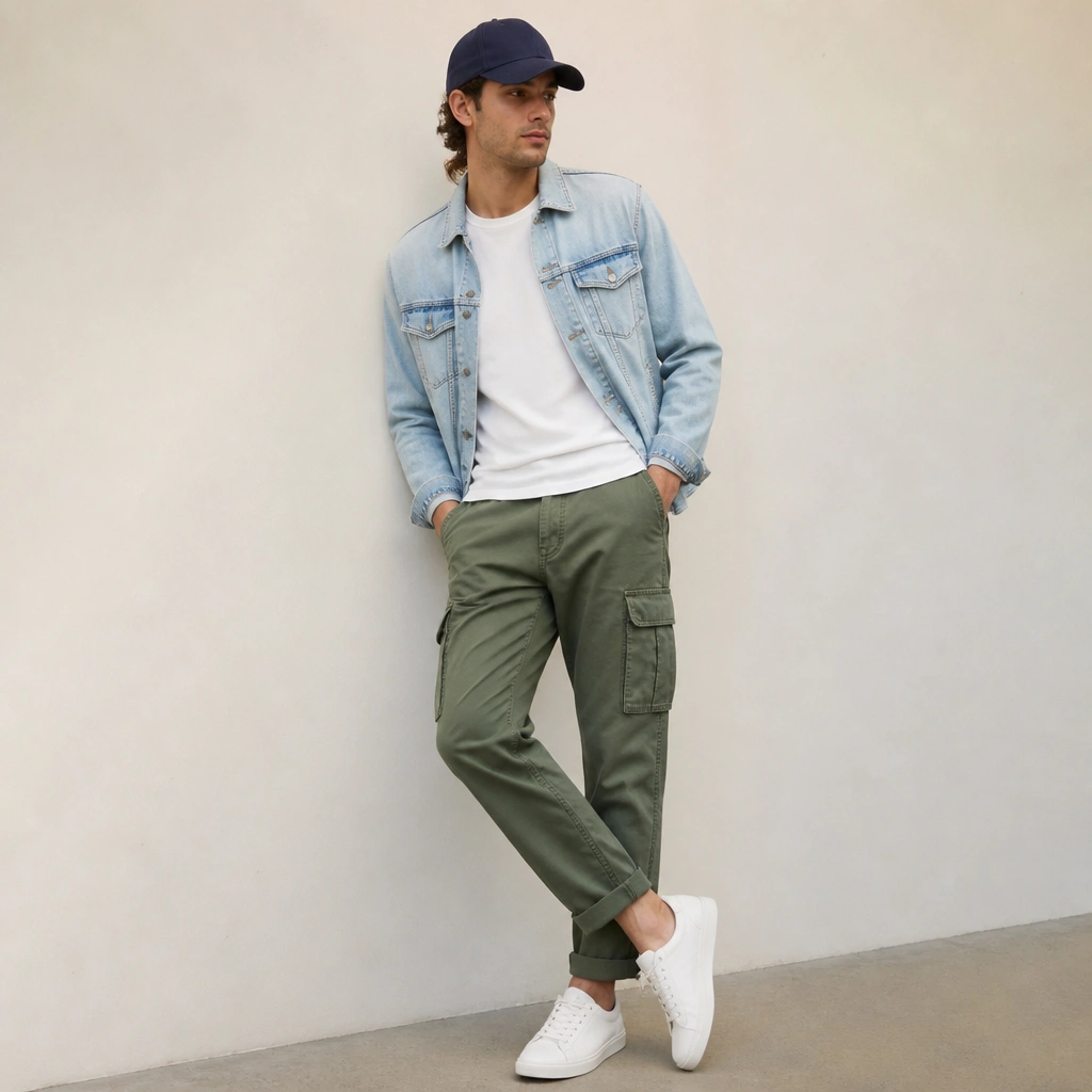 Green cargo jeans with a light-wash denim jacket worn open. The model wears a white tee underneath, white sneakers, and a navy baseball cap. The jeans are cuffed once at the ankle.