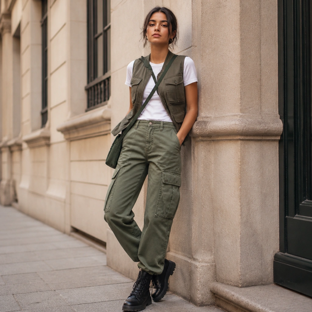Green cargo jeans styled with a fitted white crew tee and an olive utility vest with pockets. The model wears black combat sneakers and a dark green crossbody bag. The jeans have visible cargo flap pockets.