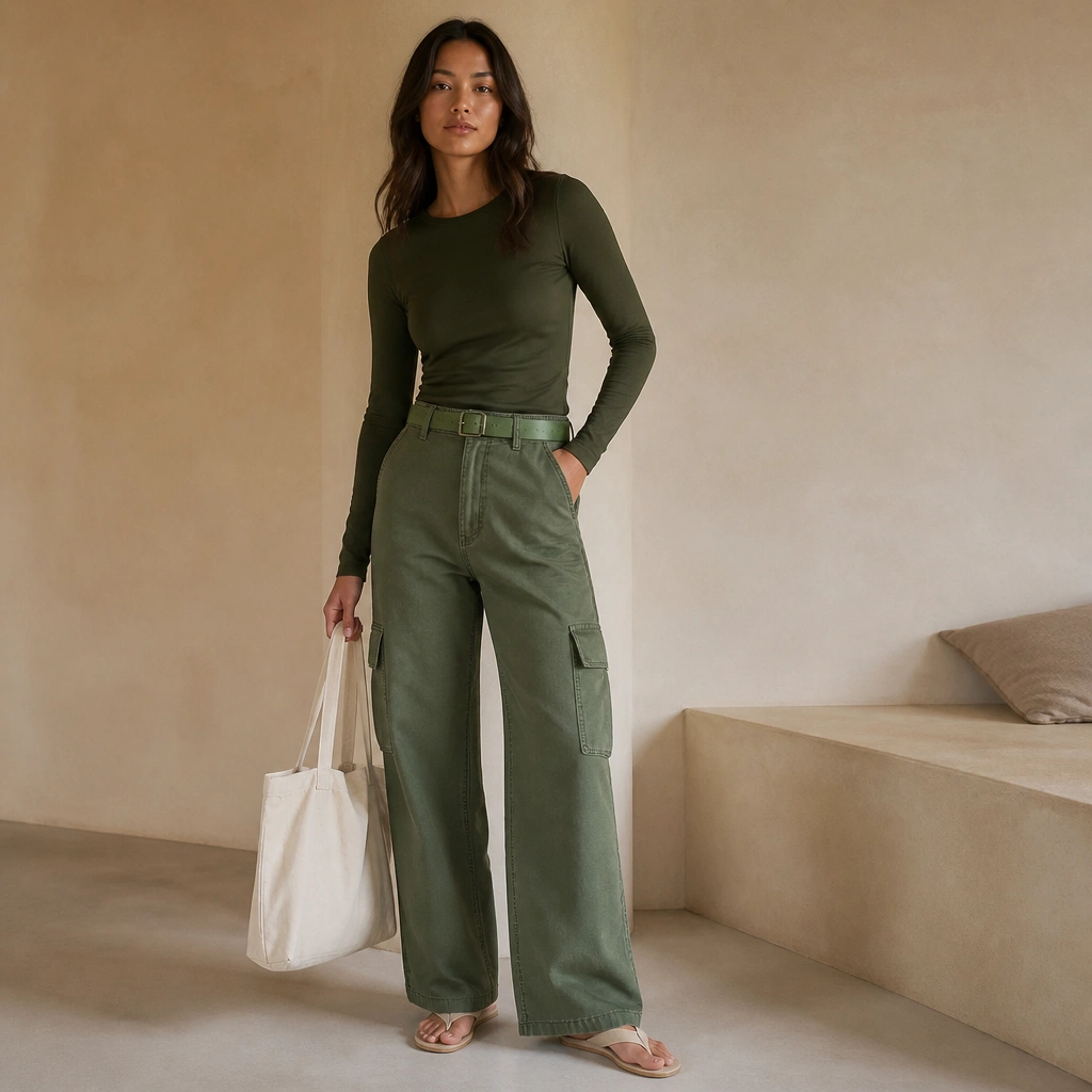 A model wearing green cargo jeans with a darker green long-sleeve top and a slightly lighter green belt. Neutral sandals and a cream tote complete the look, with no visible patterns.