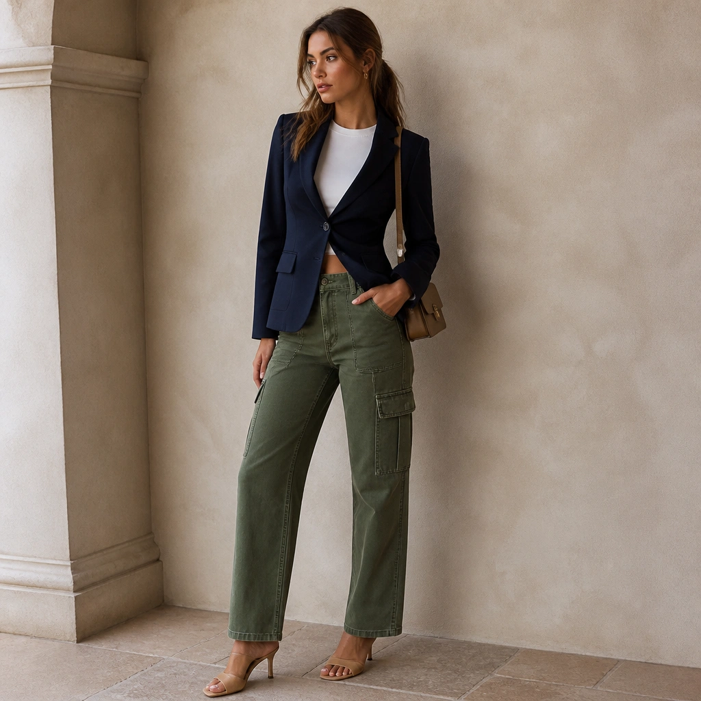 Green cargo jeans paired with a navy blazer, a white fitted crop top, and tan heeled mules. The blazer is buttoned, jeans are worn high at the waist, and a structured mini bag sits on the shoulder.