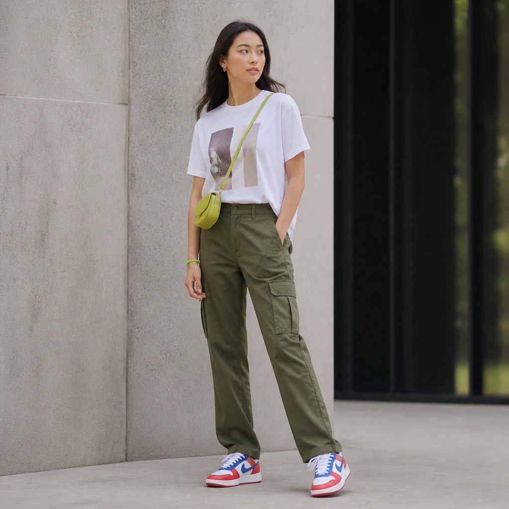 Green cargo jeans with a white graphic tee tucked at the front, plus bright color-block sneakers (white base with red and blue accents). A lime-green beaded bracelet and a small crossbody add pops.