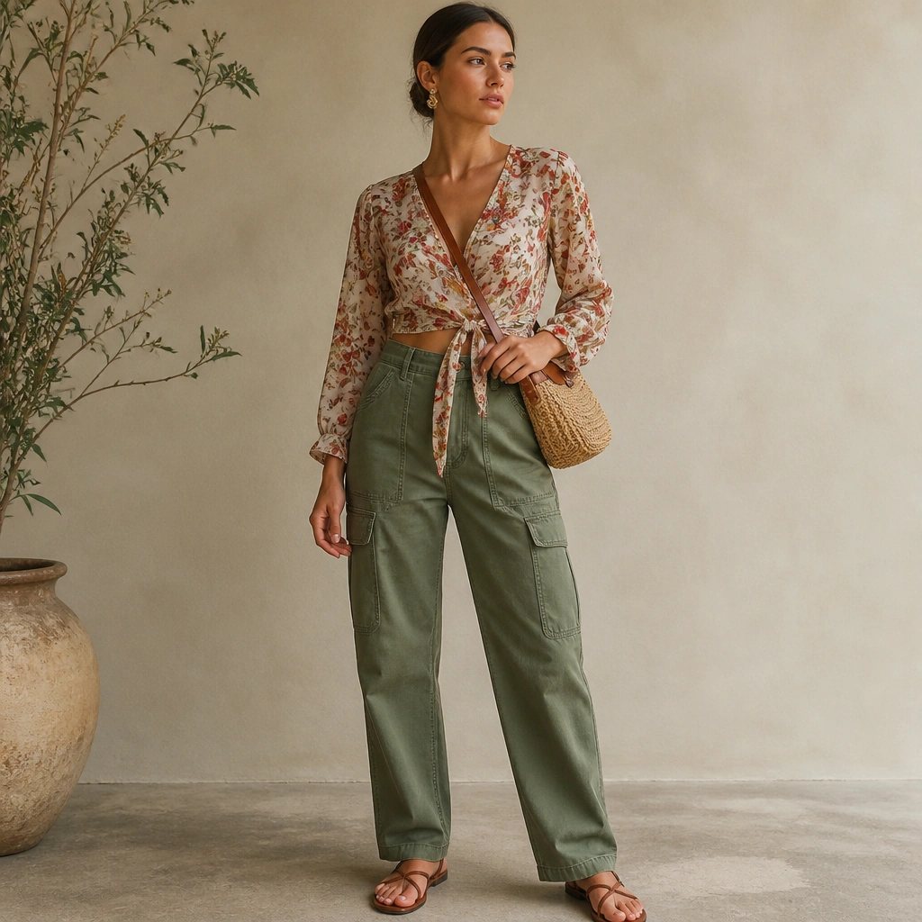 Green cargo jeans with a wrap-style floral blouse in muted reds and creams. The blouse is tied at the waist, the model wears brown leather sandals, and carries a woven crossbody. Hair is pulled back to show earrings.