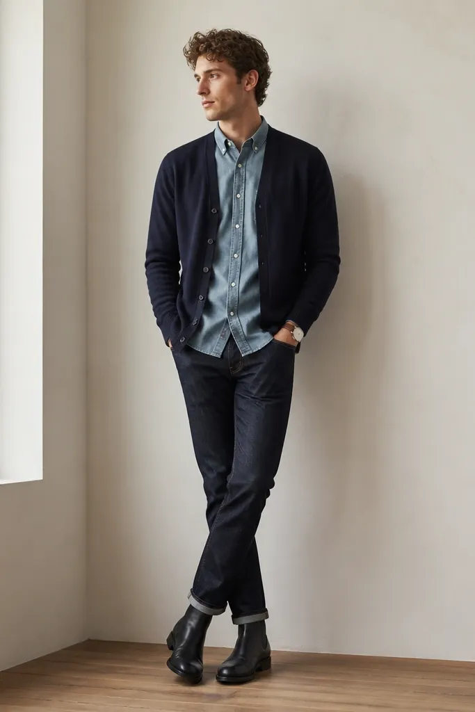 Light blue chambray shirt layered under a navy cardigan, dark indigo jeans, and black Chelsea boots; casual stance, simple watch.