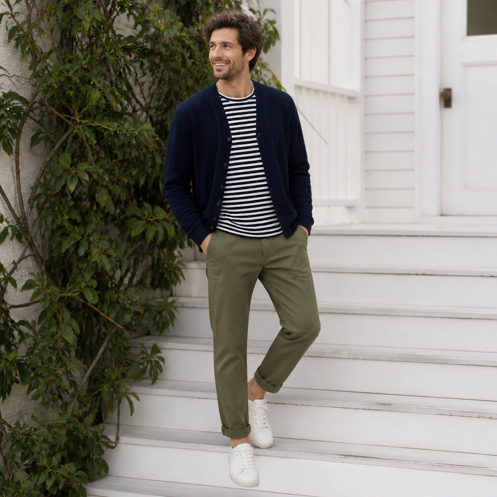 Navy cardigan over a black-and-white striped tee, olive chinos, and clean white low-top sneakers; casual, bright outdoor lighting.