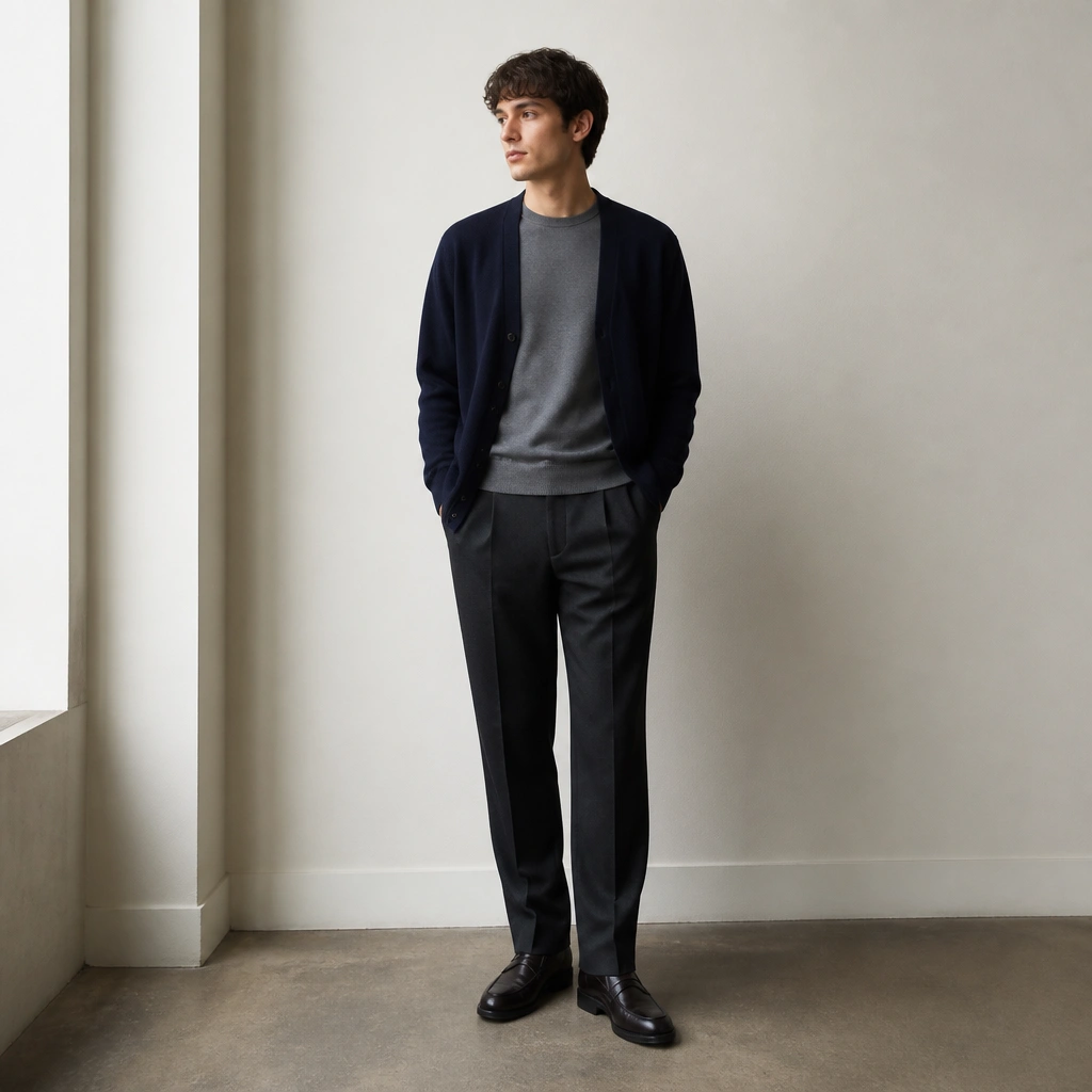 Layered look: navy cardigan worn open over a gray crewneck, paired with charcoal dress trousers and dark leather shoes; minimal styling.