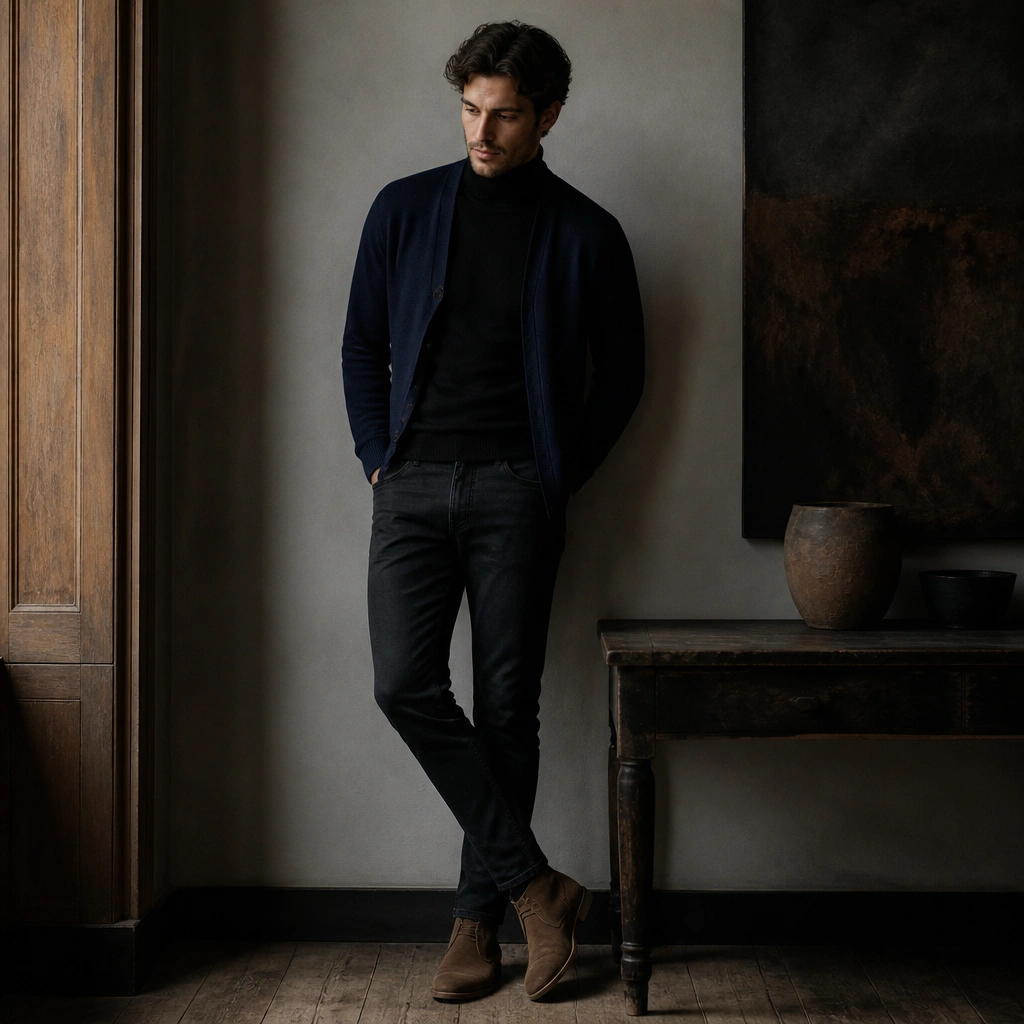 Black turtleneck under an open navy cardigan, black denim jeans, and tan-brown suede chukka boots; dark, moody color palette.