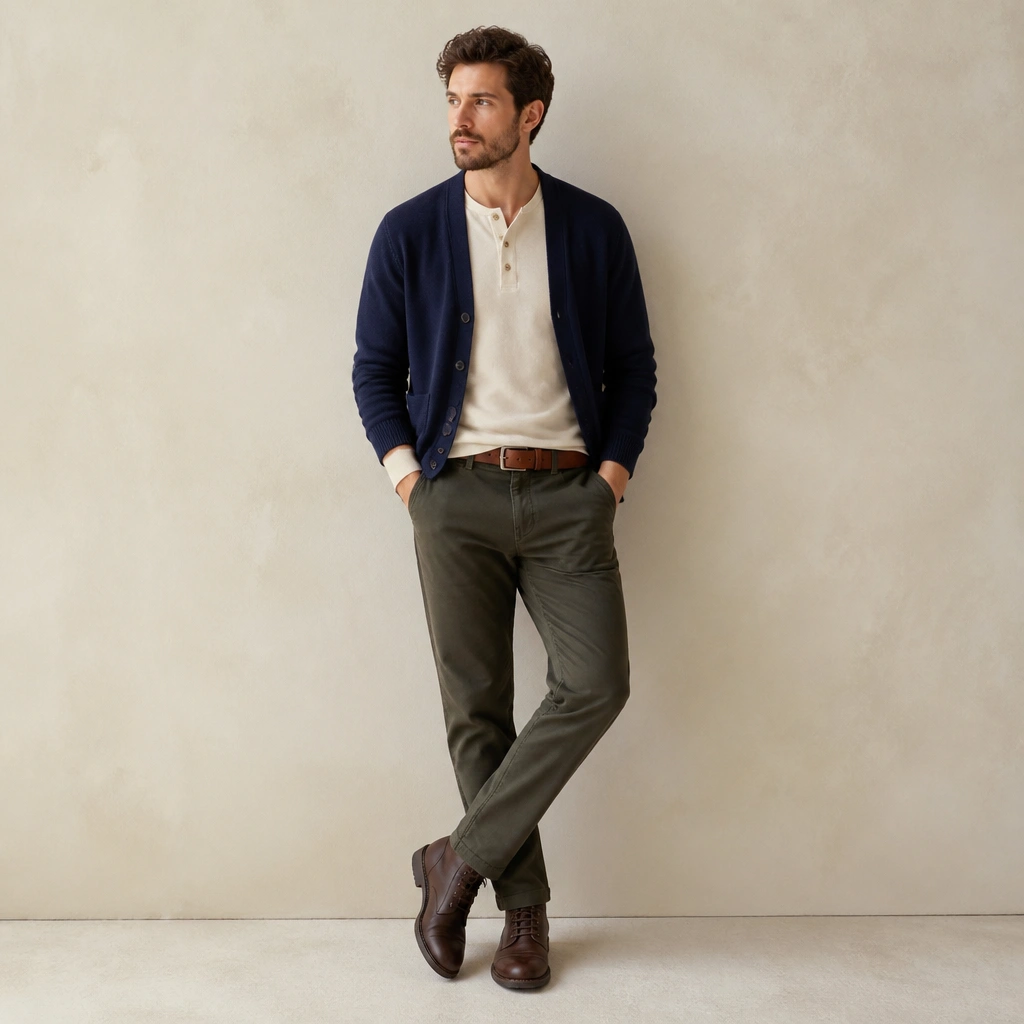Cream henley under a navy cardigan, with dark brown boots and a cognac leather belt; light neutral background.