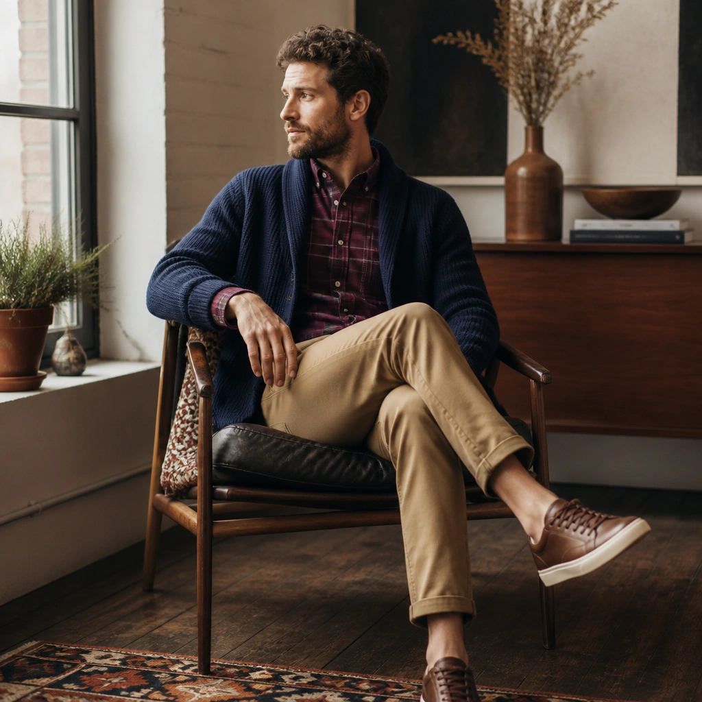 Burgundy flannel button-up layered under navy cardigan, tan chinos, and low-profile leather sneakers; relaxed weekend vibe.