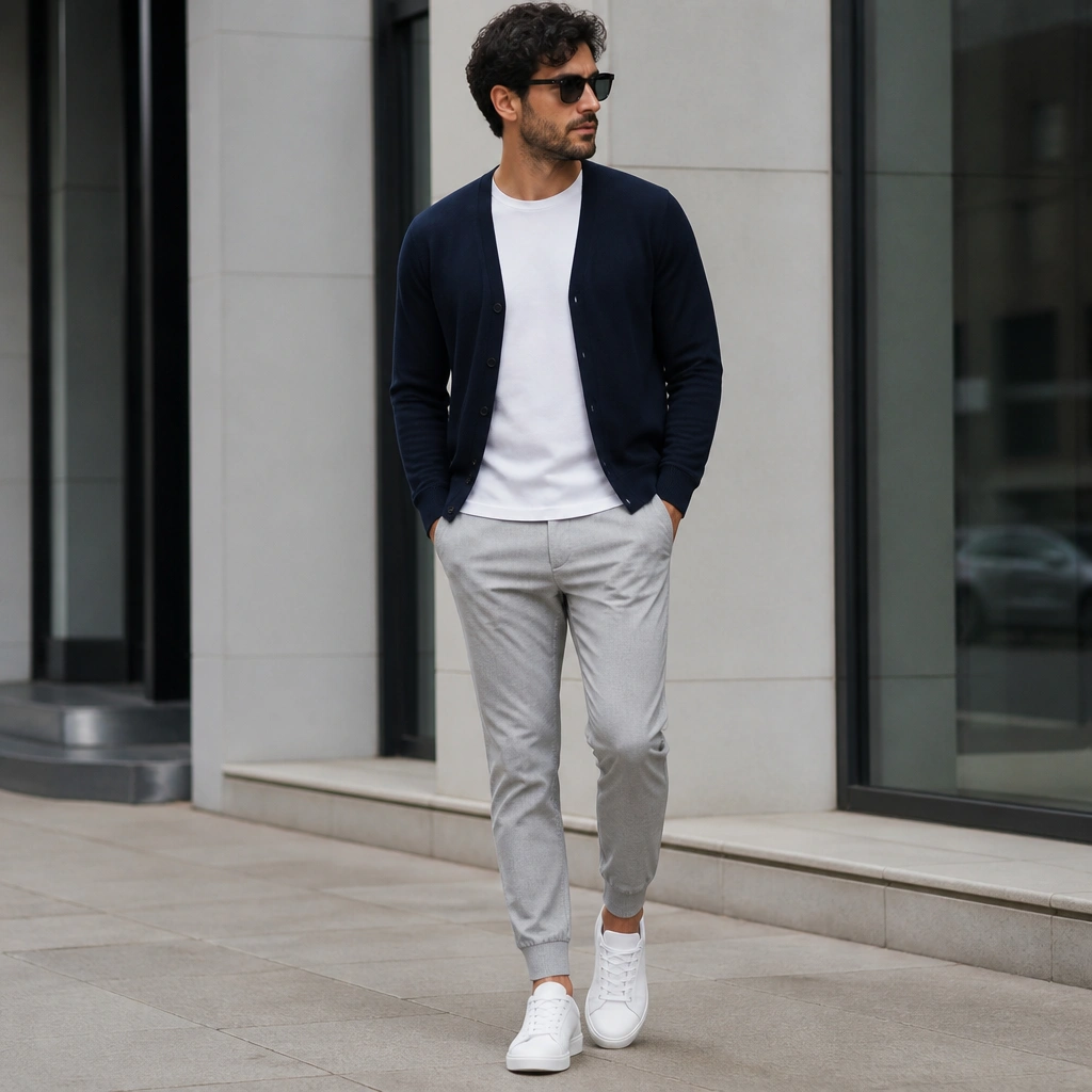Navy cardigan worn over a white tee, light gray jogger-chino pants, and minimalist white trainers; clean street-style framing.