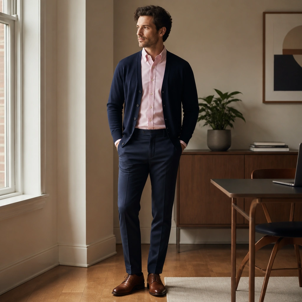 Pink button-down under a navy cardigan, matching navy trousers, and brown oxford shoes; neat, office-friendly styling.