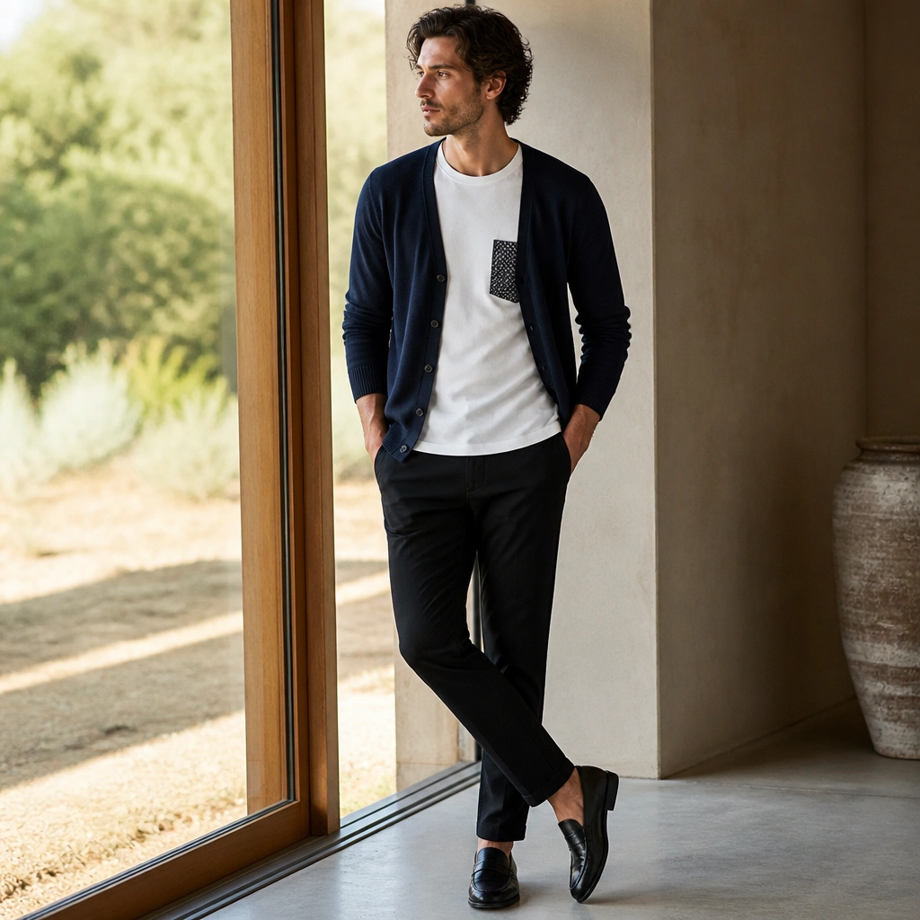 Navy cardigan worn over a tee with a small patterned chest pocket, black chinos, and black loafers; clean, modern look.