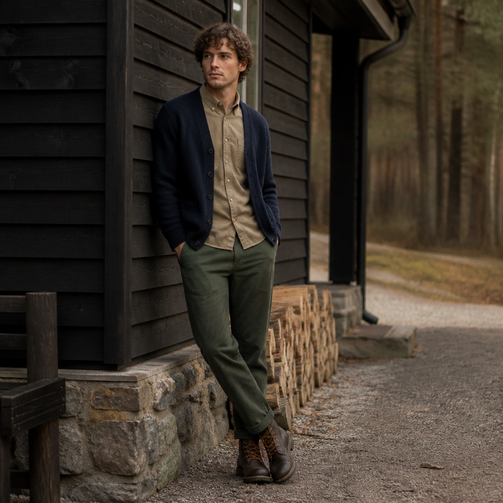 Khaki button-up under a navy cardigan, dark green straight-leg pants, and rugged workwear boots; outdoor, earthy palette.
