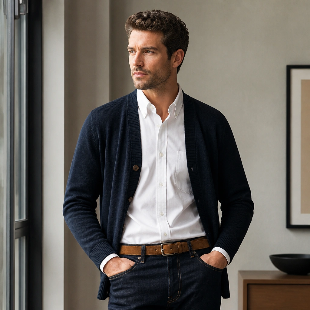 A white button-up tucked into dark denim with a navy cardigan worn open; tan suede belt visible; casual smart look.