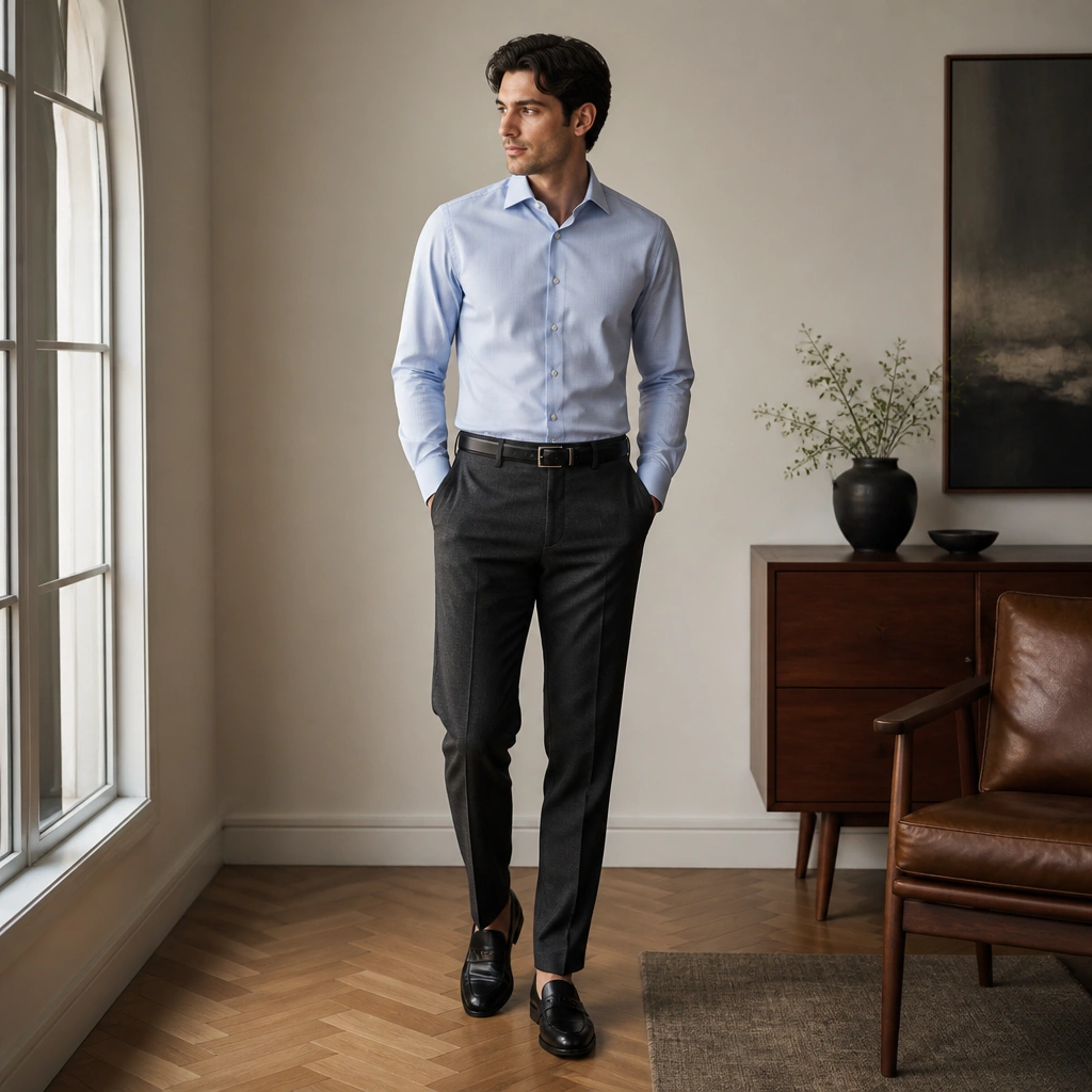 A light blue button-down oxford shirt neatly tucked into charcoal tapered trousers; the outfit is paired with black leather loafers and a slim dark belt.