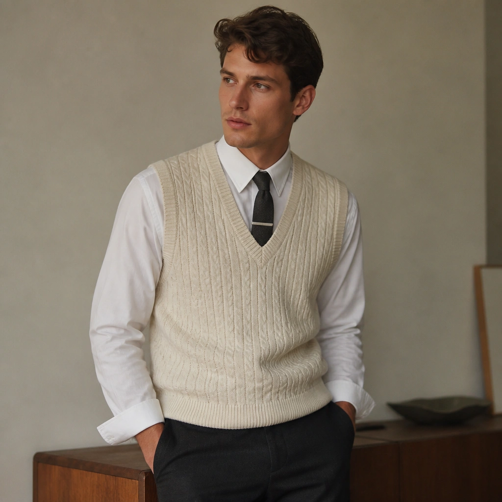 A cream knit sweater vest layered over a crisp white button-down; the sleeves show at the cuffs, with dark slacks and a minimalist tie clip.