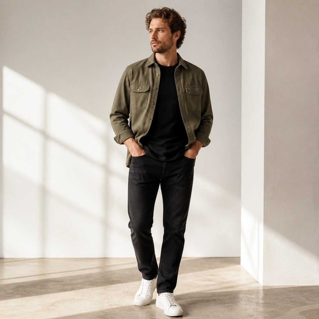 An olive utility-style overshirt worn open over a plain black tee, paired with dark black jeans and clean white sneakers; the lighting is bright and modern.