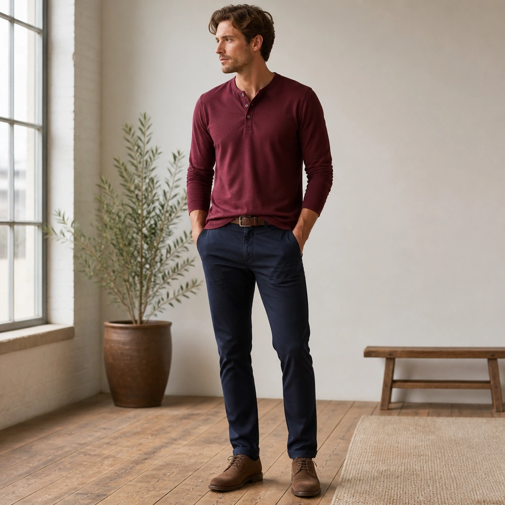 A burgundy long-sleeve henley with visible buttons worn untucked over navy chinos; brown suede shoes and a simple belt complete the look.