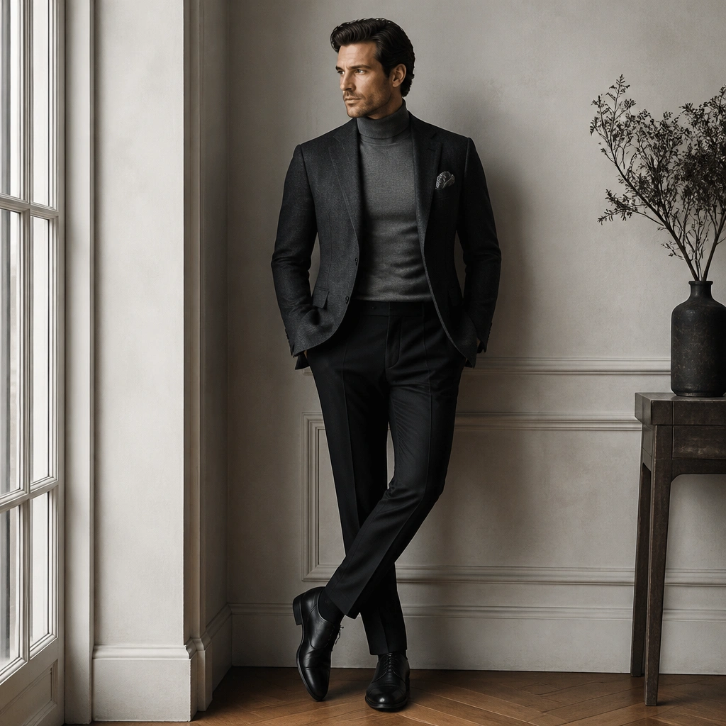 A charcoal blazer over a fitted gray turtleneck with black tailored trousers; black leather dress shoes and a pocket square are visible.