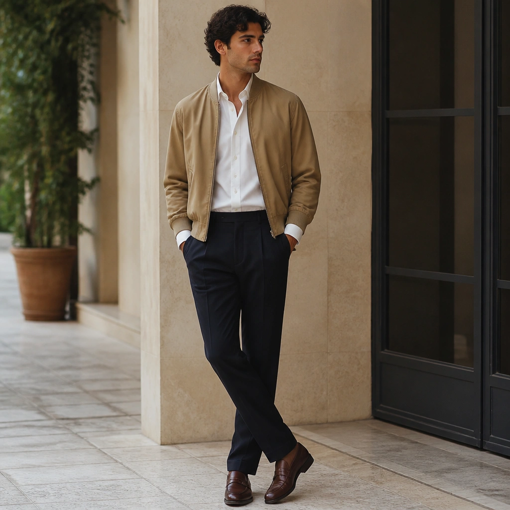 A tan bomber jacket worn over a white button-down, paired with dark wash trousers and brown loafers; the cuffs are neatly visible.