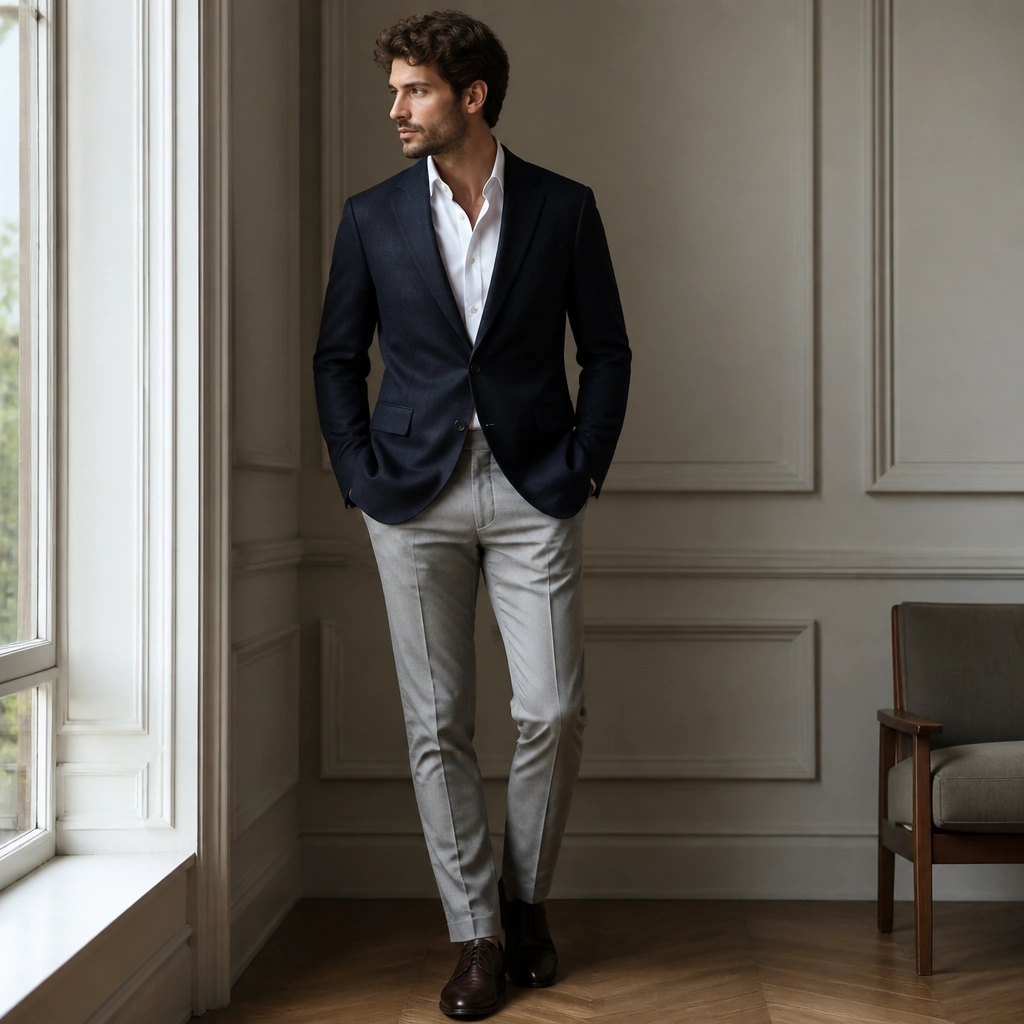 A navy blazer with matching texture worn with light gray slim trousers; a white shirt is visible underneath and the shoes are dark brown leather.
