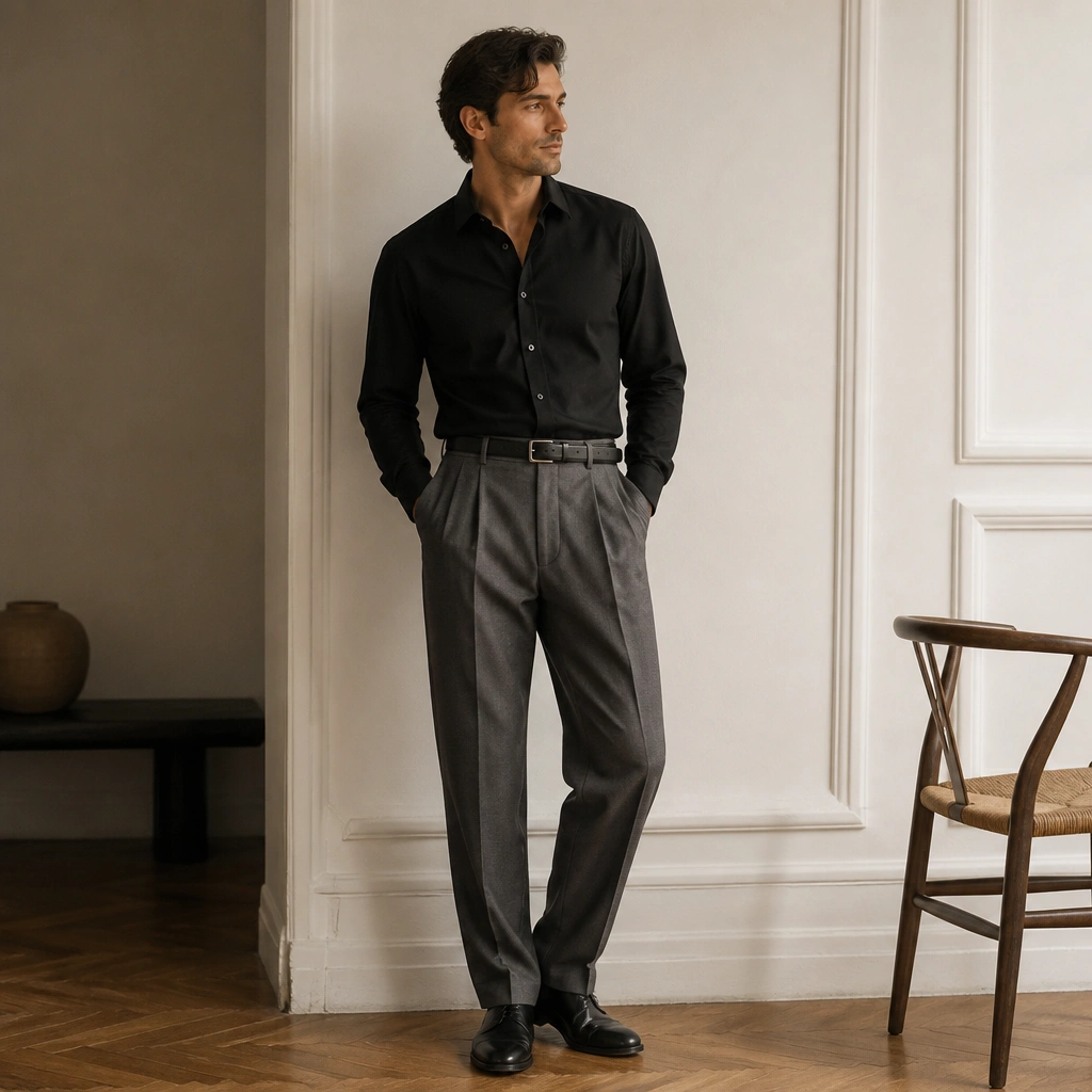 A black button-down shirt tucked into gray pleated trousers, with a thin black belt and simple black dress shoes; the outfit is styled with no tie.