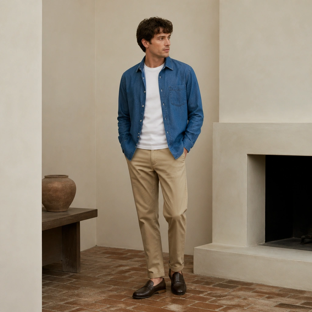 A medium-wash denim overshirt worn over a plain white tee, paired with khaki chinos and dark leather loafers; the outfit looks casual but structured.