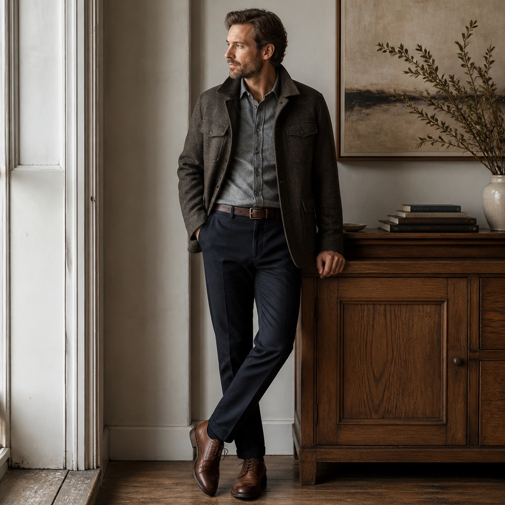 A gray flannel button-down with visible texture tucked into dark navy trousers; the shoes are brown leather and the overall look is layered for cooler weather.