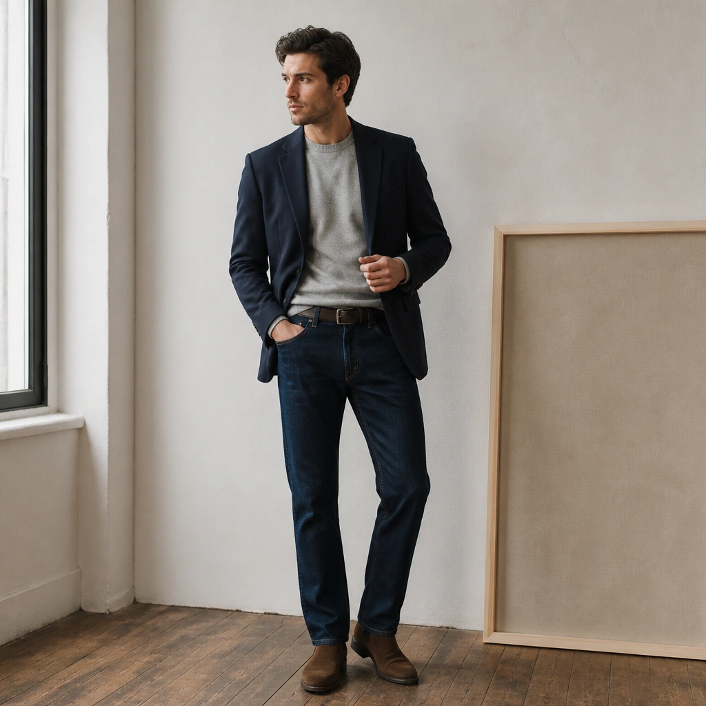 A navy blazer layered over a heather gray crewneck sweater with dark indigo straight-leg jeans, finished with a belt and brown suede boots.