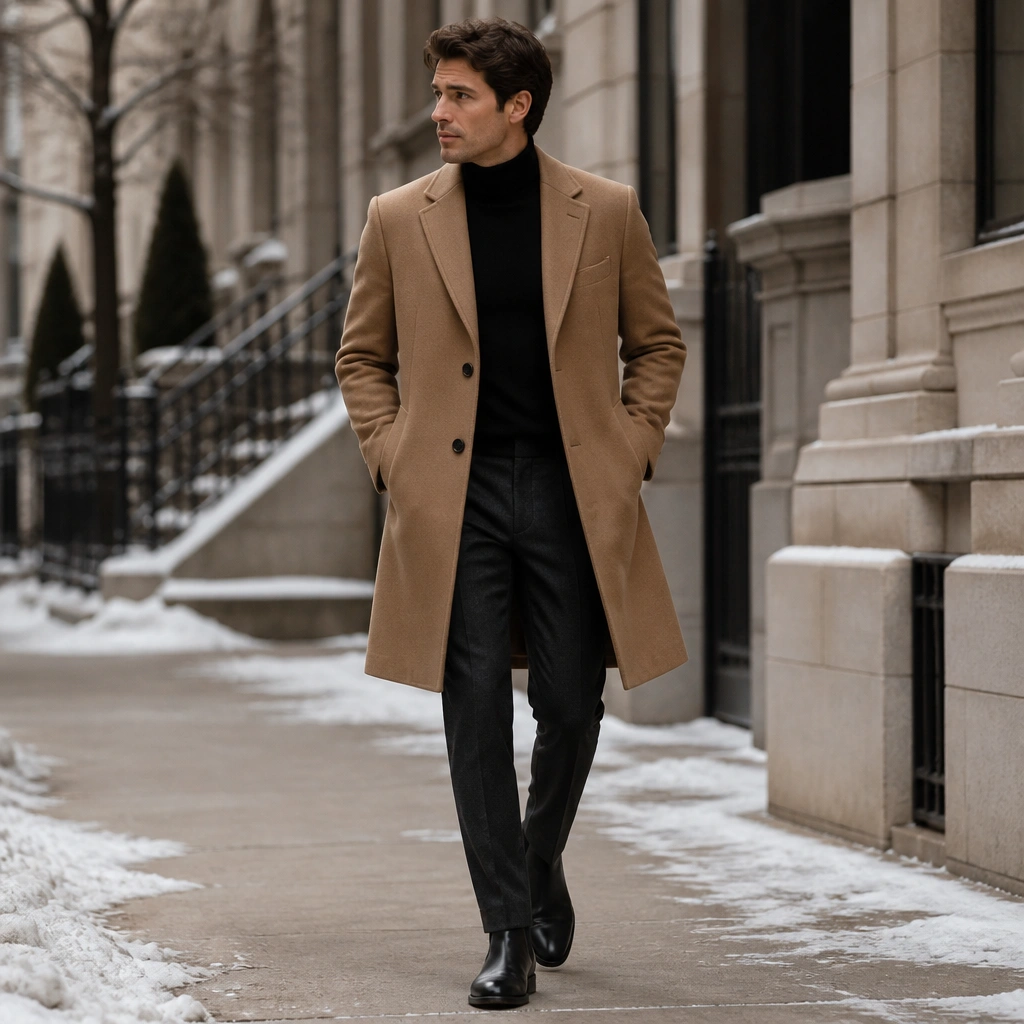 A camel topcoat over a black mock neck sweater, paired with charcoal wool trousers and black boots, photographed outdoors on a winter street.