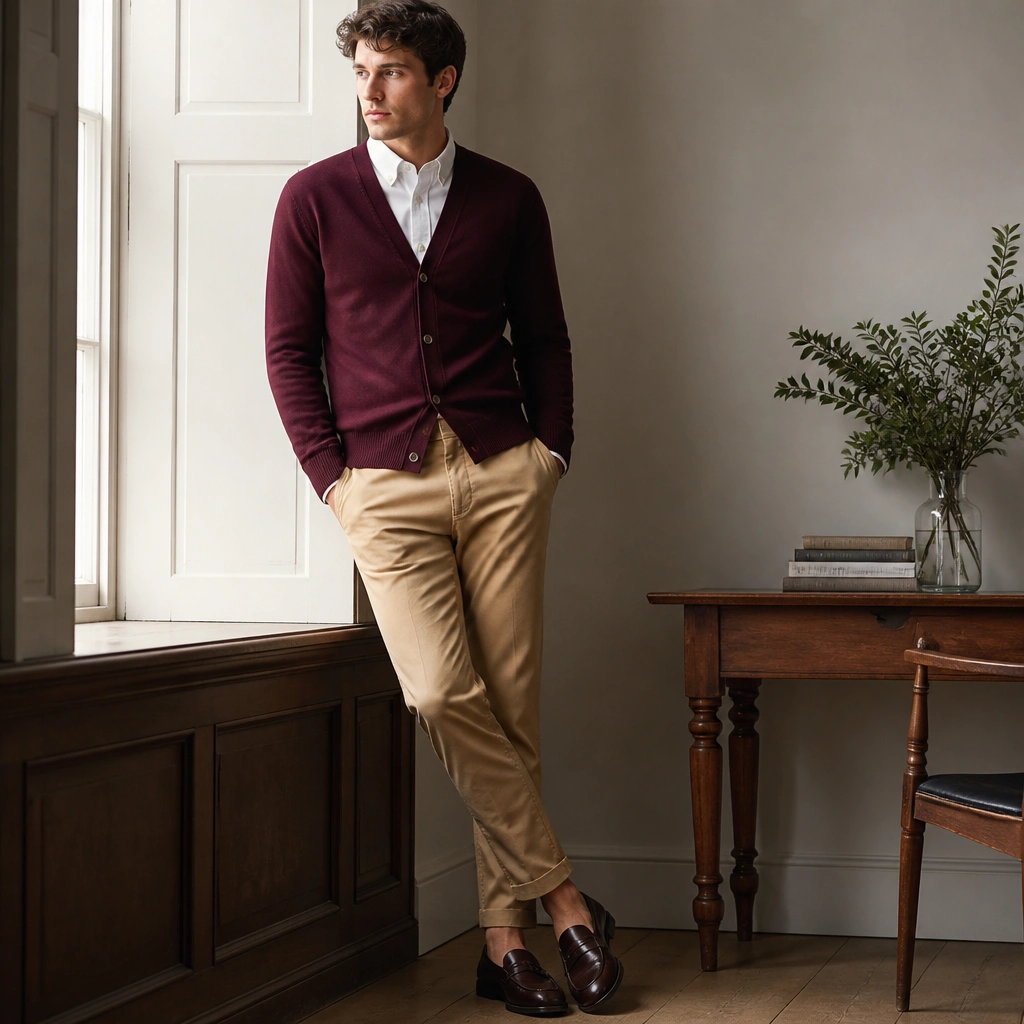 A burgundy cardigan layered over a white Oxford shirt, buttoned neatly at the collar, with tan tapered chinos and dark loafers.
