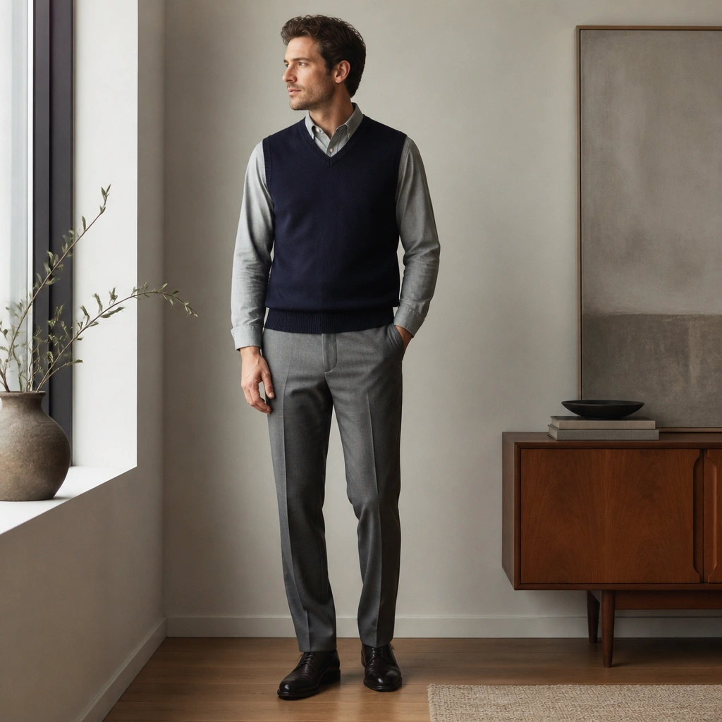A light gray flannel shirt under a navy sweater vest, paired with medium-gray straight slacks and dark oxfords, shown in a softly lit room.