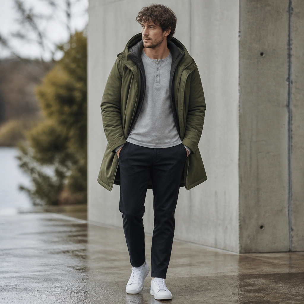 An olive winter coat styled like a parka over a gray henley, with black trousers and clean white sneakers or minimalist boots.