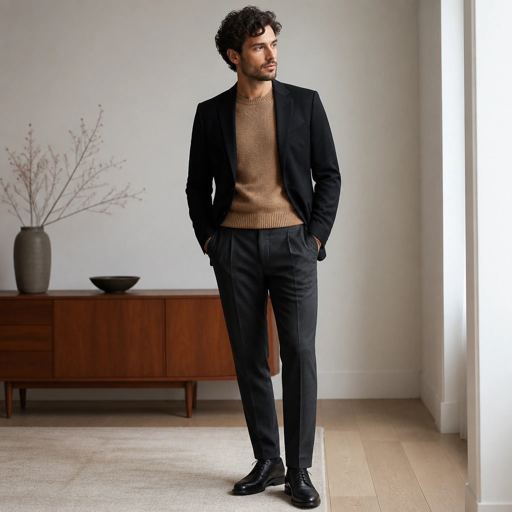A black blazer over a camel knit crewneck, paired with charcoal dress pants and black leather shoes, photographed indoors.