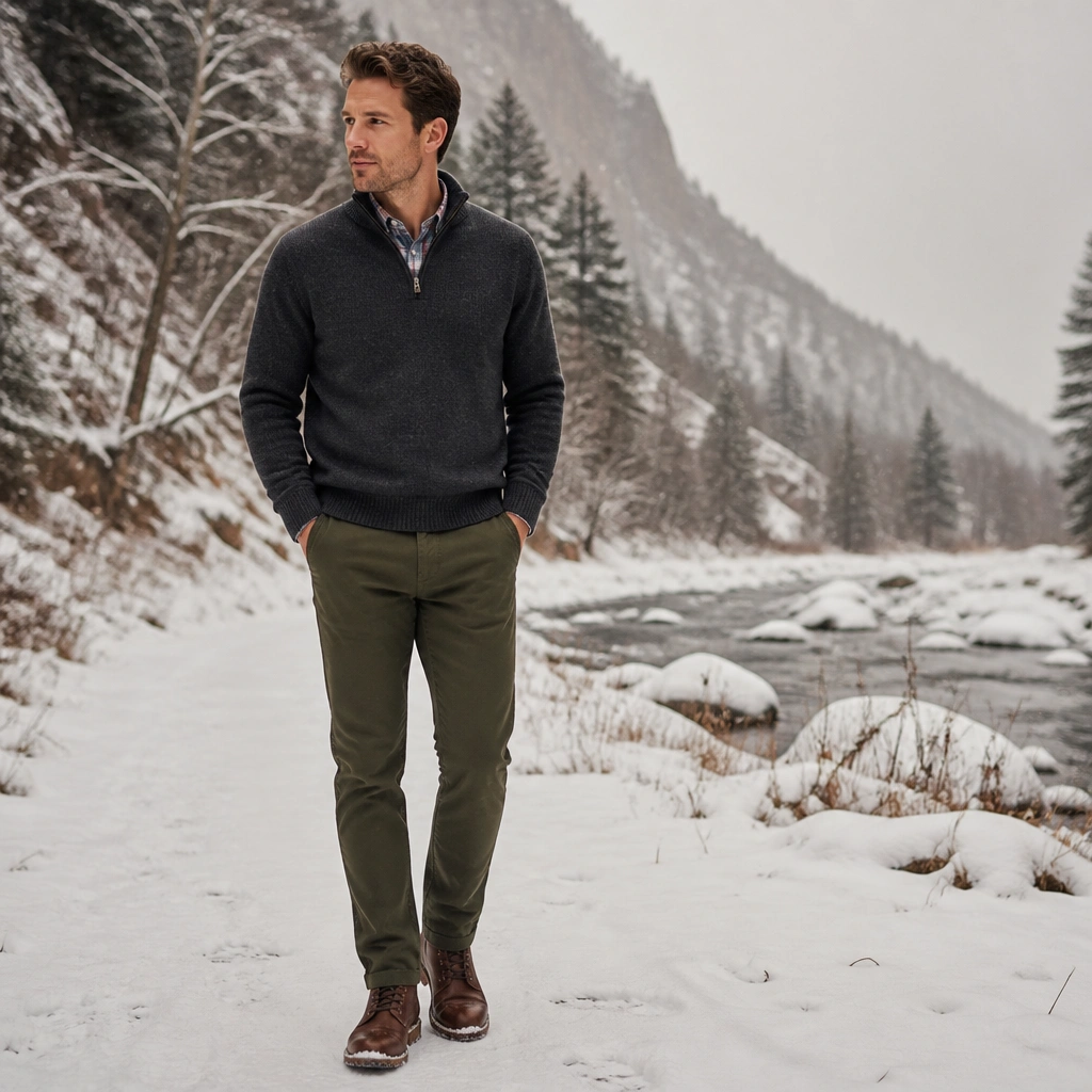 A plaid button-down peeking from a dark quarter-zip sweater, paired with olive or dark chinos and brown leather shoes, outdoors in light snow.
