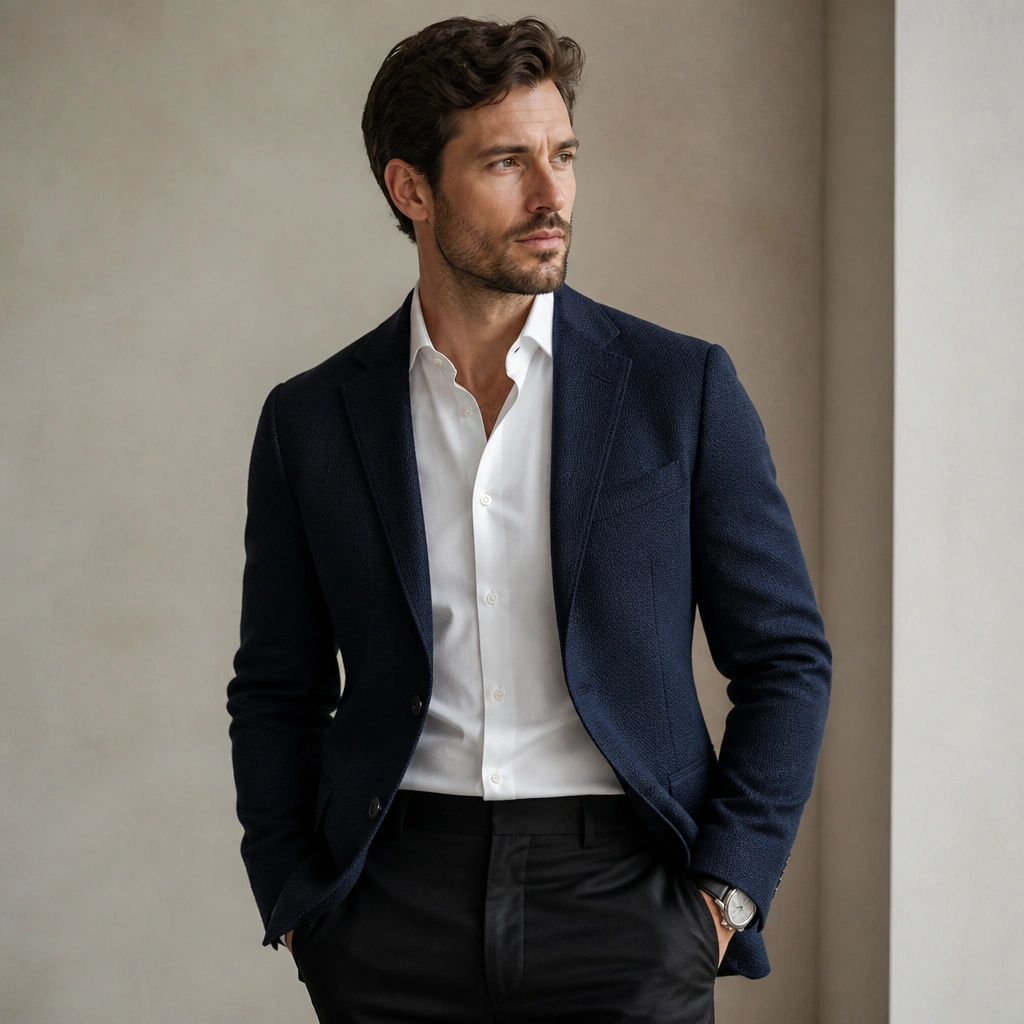 A textured navy blazer worn over a crisp white dress shirt, with black trousers and a simple watch, shown against a neutral background.