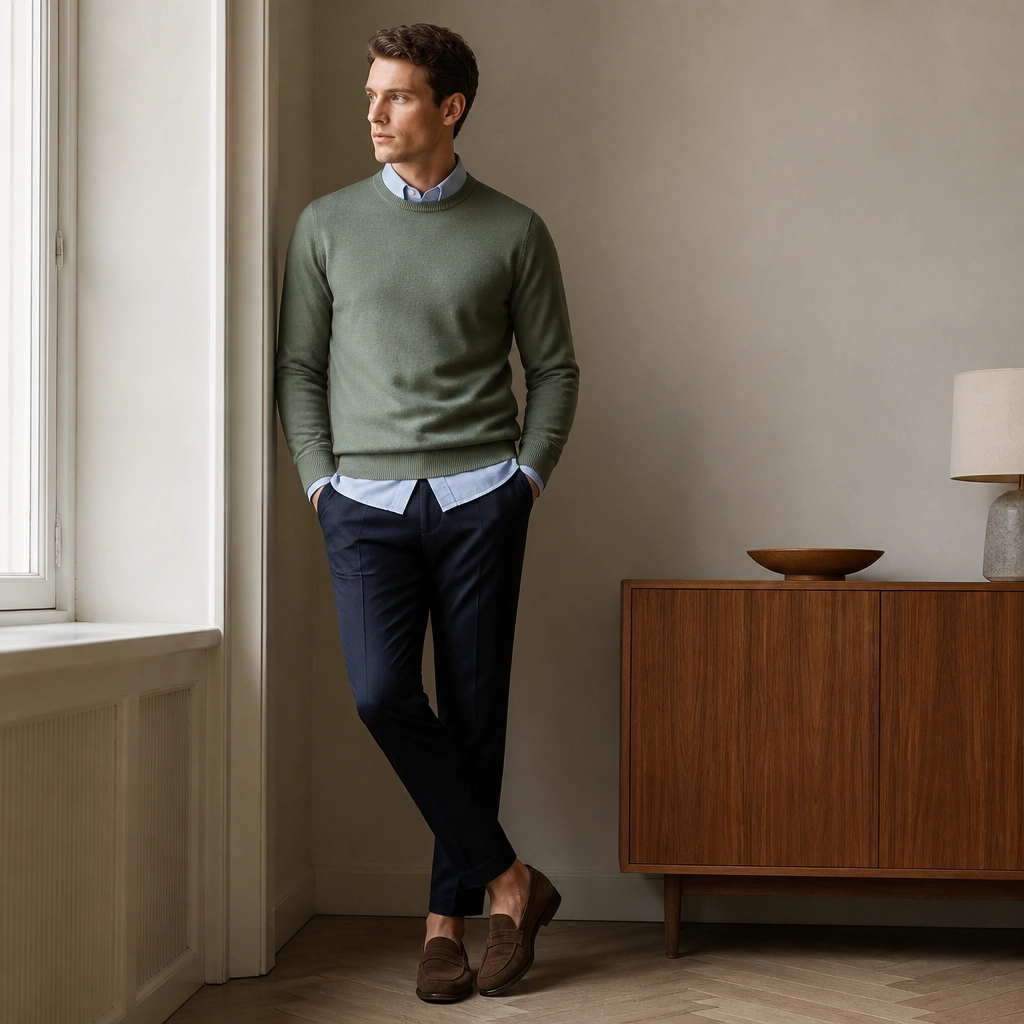 A sage green sweater layered over a light blue Oxford shirt, paired with navy tapered trousers and brown loafers.